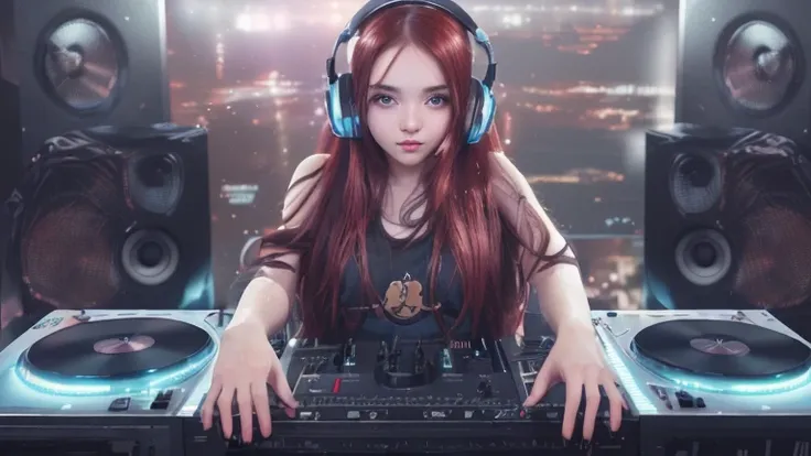 beautiful girl with white skin like snow, her face looks like a cute idol, very charming, charming, nice long black red hair, wearing headphones on her head, the position of the girl is posing and sitting with DJ equipment, in a tank top, charming tank top...