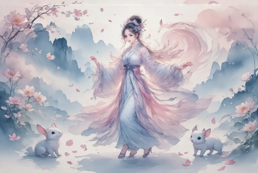 score_9, score_8, score_7, watercolor,  beautiful taoyuan township , the goddess, feather coat,  pink light silk , dancing in ta...