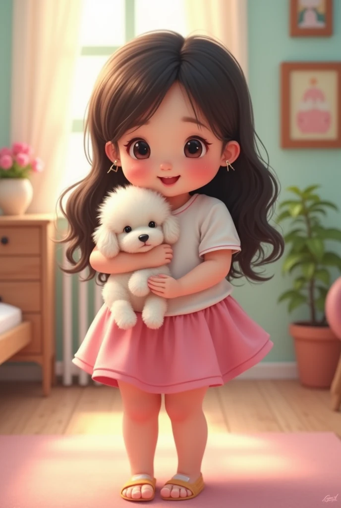 Create an image of a chubby white girl  ,  long black hair,  in a pink skirt and white top and big legs, pink lips and eyelashes and a toy poodle puppy