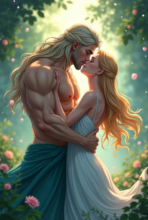 Poseidon from the anime Shumatsu no Valkyrie kissing a sweet goddess. 