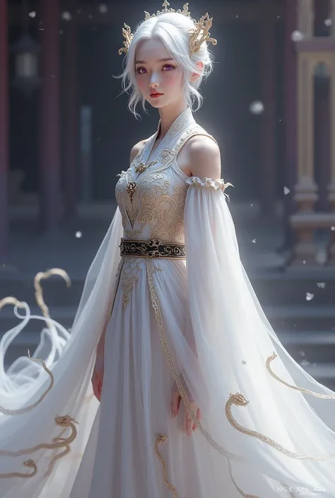 A princess with Western features, short white hair and white skin, with purple eyes and a white dress, whose upper part of the dress is embroidered in the shape of golden dragons and that a small black belt simulates a black dragon wrapped around the princ...