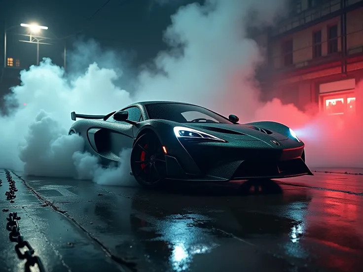 Car drifing out of smoke ,dark theme in chains, dark atmoshphere fire, neon light