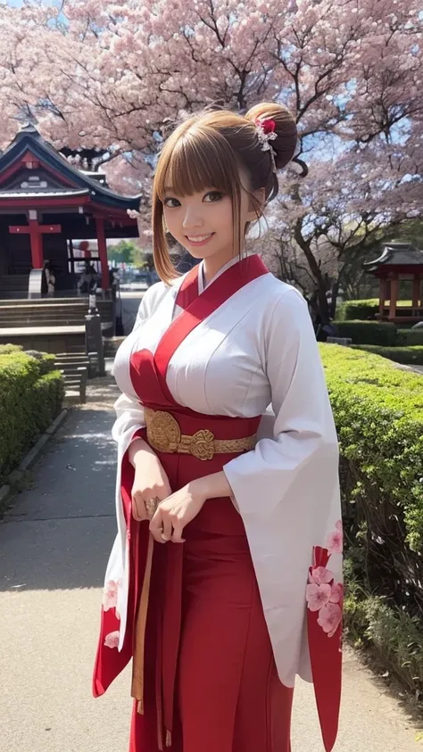 (shrine maiden outfit、miko、Shrine Maiden Costume、Shrine Maidens Uniform、 Witch Uniform、can、Japanese hairstyle)、( 1 22-year-old girl 、double bun 、 thin body、Big Breasts)、(Narrow street in the shrine grounds where cherry blossoms are in full bloom、torii、Boke...