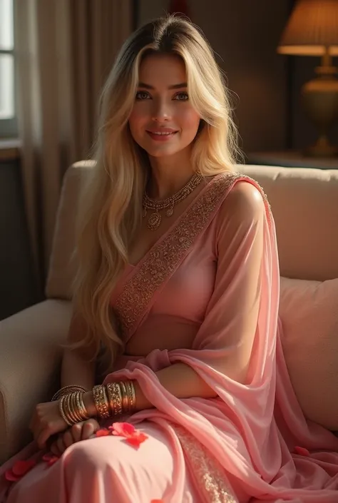 lovely cute young attractive indian bengali village housewife ,bengali pink transparent saree,bangles, in her first night after marriage,sitting on sofa in a club,rose around, smile, 23 years old, cute, long blonde_hair, black long hair, ,Indian