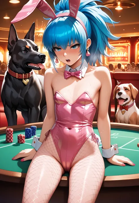 1girl,1dog, BREAK 1girl,Tattered and torn clothes, Leads and collars,whole body, Fear, sweat, Sit on the casino stand, BREAK 1animal, dog,(( large dog)),Approaching a girl,BREAK masterpiece, best quality, (ultra-detailed), NSFW, BREAK 1girl,leonakofdg,blue...