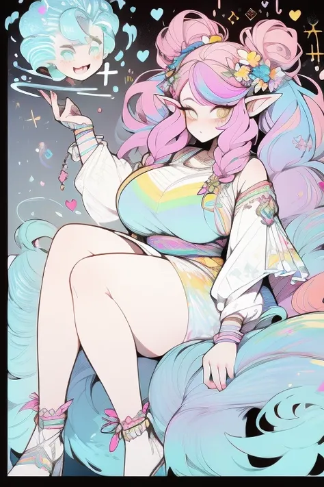  A chubby woman who is a goddess and a young adult. She has long pastel rainbow hair that is in a pretty braided updo. She is wearing a constellation goddess outfit. Her eyes are golden yellow and she is wearing cute makeup. She has a flower hairpin in her...