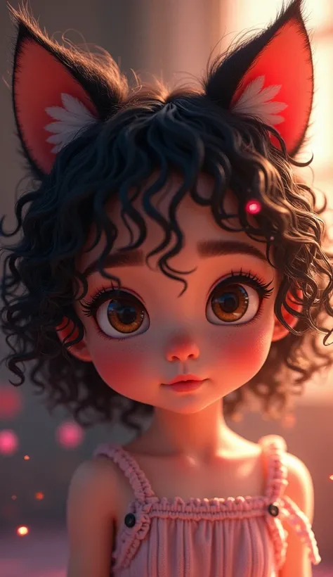 a curly animated girl with beautiful detailed eyes, beautiful detailed lips, extremely detailed eyes and face, long eyelashes, wearing a cat headclip, intricate detailed portrait, cinematic lighting, colorful vibrant colors, 8k, ultra-detailed, photorealis...