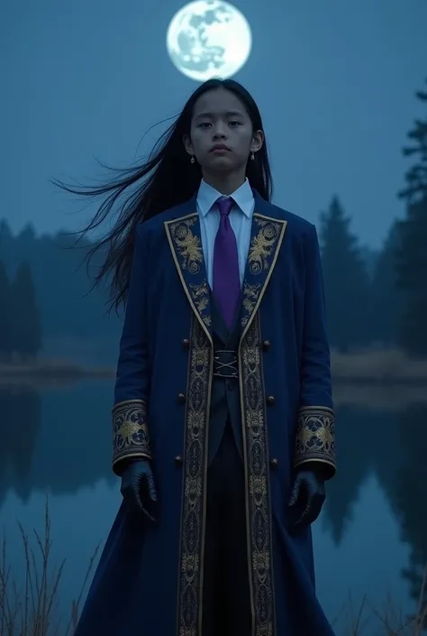 Live Action pre teen Tall Asian boy with Long Flowing black Hair,  Wearing a Very LONG Sleeved Blue, Black And Gold Religious Double Breasted Long coat, Over a White Dress Shirt and Purple Tie, With the Sleeves Covering his Palms With Long Black Leather Gl...