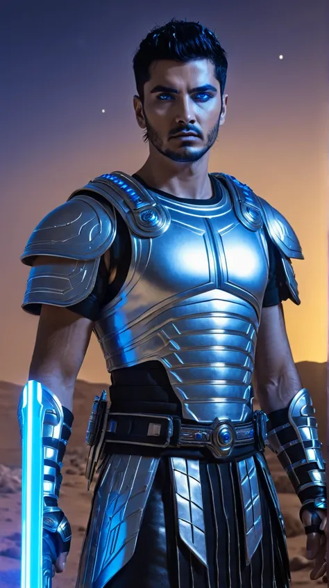 Ultra realistic image of a Roman male warrior from a futuristic planet. He has black hair and black eyes with a bright blue light. He wears a Black and Silver outfit. The left hand holds a yellow glowing sword. The background is in Mars. Image quality is s...