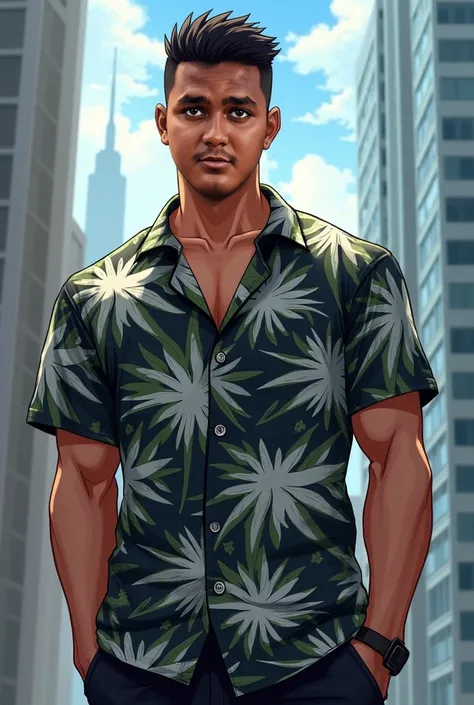 (Masterpiece, high resolution, best quality), solo, 1 male, 30-years old man, asian, tough guy, black hair, crew cut, black eyes, tall and muscular, aloha shirt, looking at viewer, upper body, cityscrape background