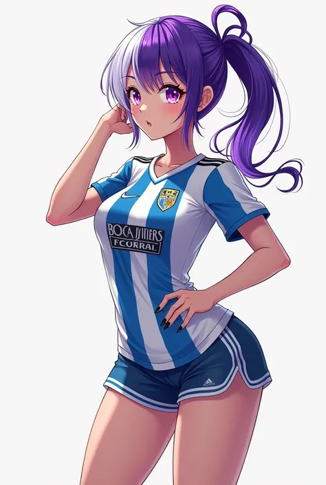 chica estilo anime, full body ,sexy,Half purple half white hair,Boca Jrs soccer team shirt,short shorts