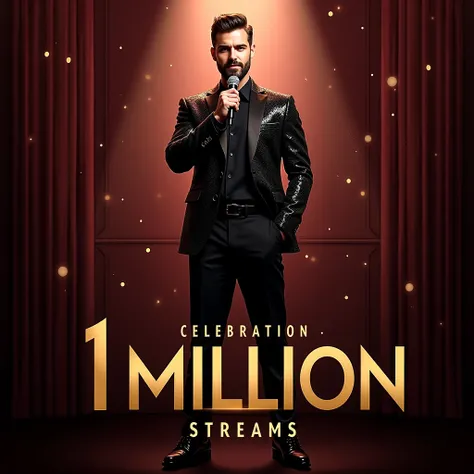 make a official poster or a singer guy  standing at the center in frame with the mike wearing a nice designer black glittered suit with decent hair and beard on the top write in big gold fonts " celebration of 1 million and the  bottom side write with gold...