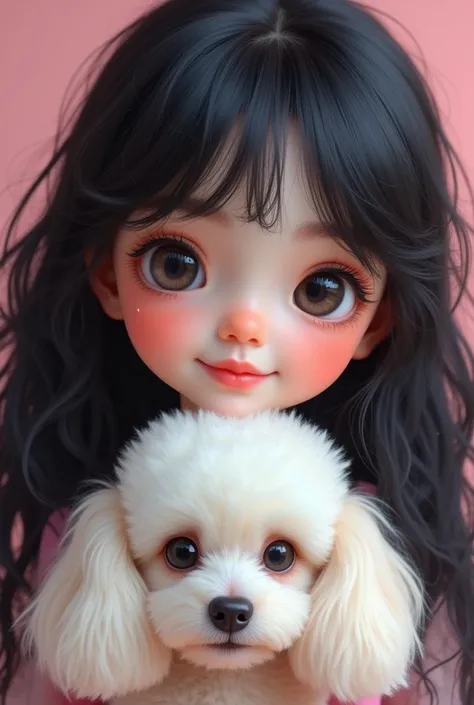 Create an image of the face of a white girl with long black hair, pink lips, big eyelashes and a toy poodle dog.