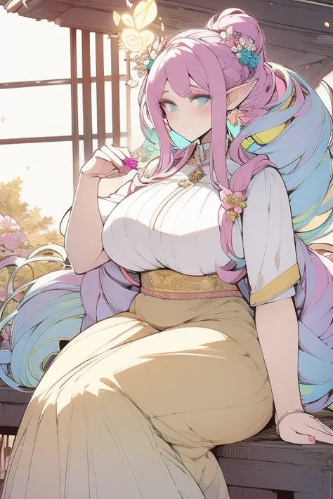  A chubby woman who is a goddess and a young adult. She has long pastel rainbow hair that is in a pretty braided updo. She is wearing a constellation goddess outfit. Her eyes are golden yellow and she is wearing cute makeup. She has a flower hairpin in her...