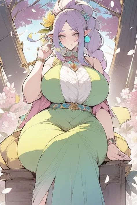  A chubby woman who is a goddess and a young adult. She has long pastel rainbow hair that is in a pretty braided updo. She is wearing a constellation goddess outfit. Her eyes are golden yellow and she is wearing cute makeup. She has a flower hairpin in her...