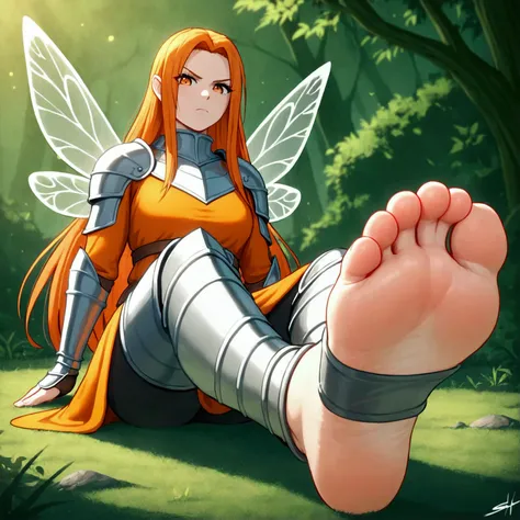 fairy, feet, sole, foot focus, warrior, knight, strength, war, muscle, woman, 1woman, very beautiful, very cute, long hair, orange hair, orange eyes, orange clothes, quite serious, serious person, trusting, sword, hero, alone, 4k, high resolution, best qua...