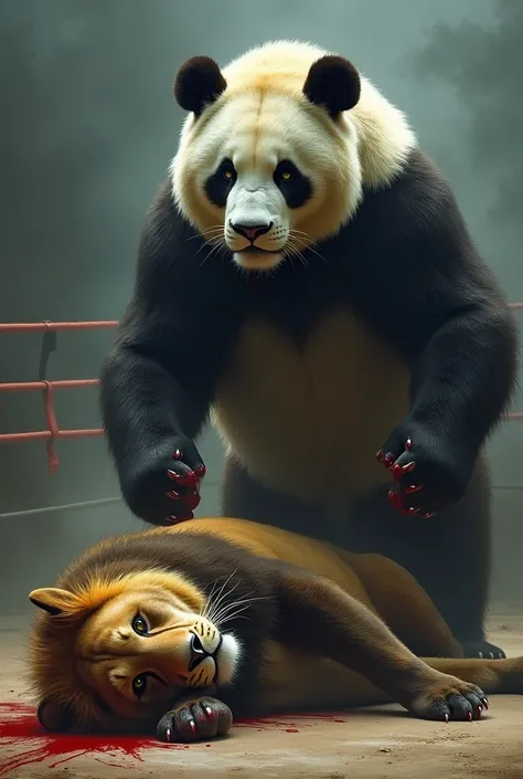 The muscular lion lies defeated in the ring, injured and motionless. Blood dropping his body, and he lay down on the floor with defeat, and the large muscular strong panda standing above him. 

