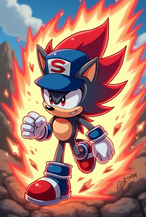  make a half-short gray hedgehog with a blue hat with a "S" in the middle,  with red and blue sneakers  ( SIMILAR to Sonic ) And a white glove ,  I want an anime painting , and create a transformation for it , s Super Saiyan God as long as the main color i...