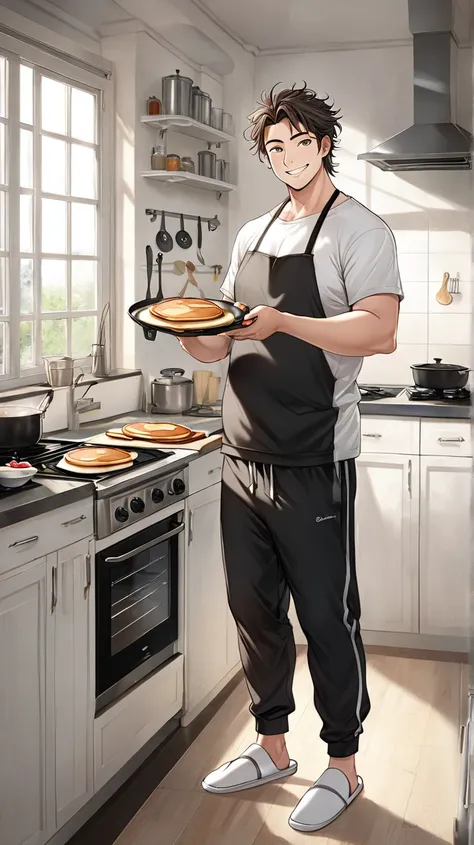 realistic Anime style handsome semi fat guy, semi messy hair, wearing white shirt and black jogging pants white slippers and he is cooking pancake with charming smile, kitchen background with window, full body shot, accurate prompt details, no blurry, perf...