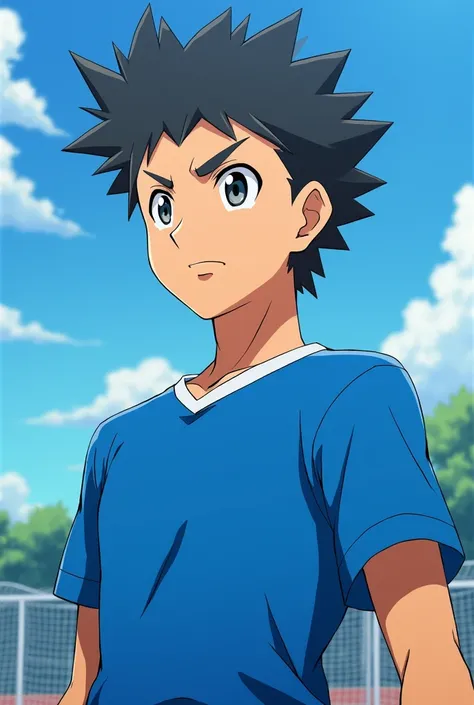 Anime-style animated male protagonist for a sequel to Inazuma Eleven wearing a blue shirt 