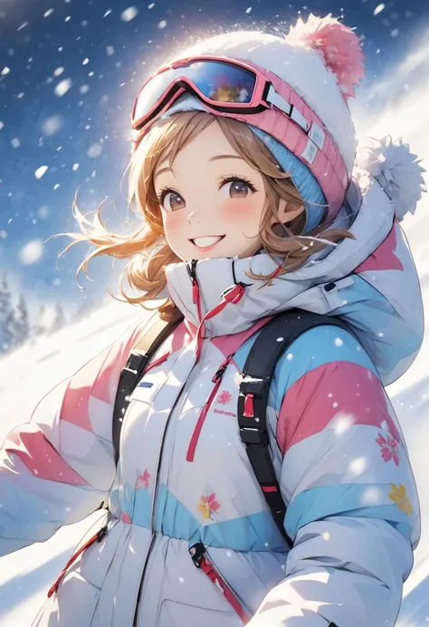 Smiling woman enjoying skiing、 its snowing 