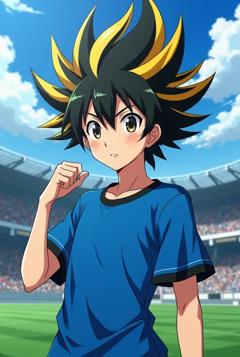 Anime-style animated male protagonist for a sequel to Inazuma Eleven with black and yellow hair wearing a blue shirt 