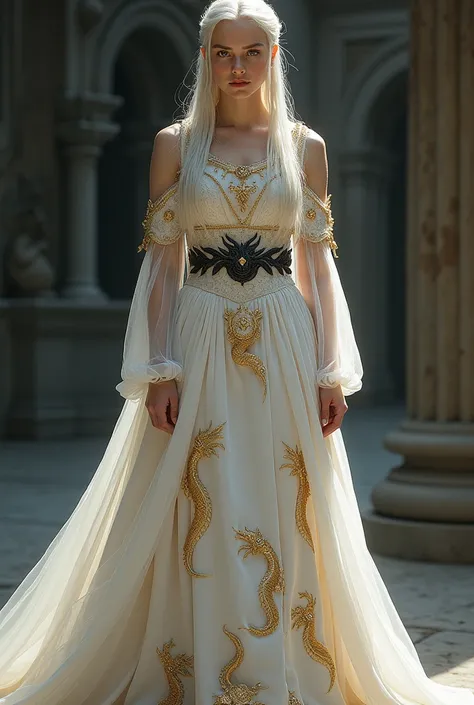 Daenerys Targaryen, wearing a white dress that the top of the dress is embroidered in the shape of golden dragons and that a small black belt simulates a black dragon wrapped around the princesss waist, that the skirt is long with gold embroidery that give...