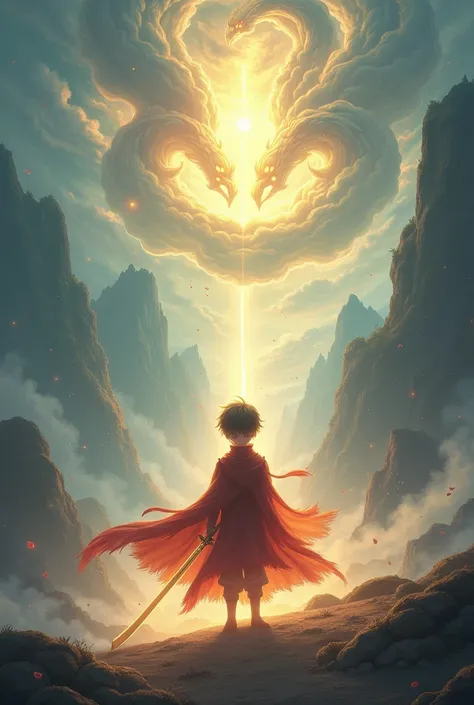 In the center of the image stands a young boy with short hair and bright golden eyes, standing amidst a mystical space where rays of light pierce through hazy clouds, illuminating his body as it radiates powerful energy. He wears a mysterious red cloak and...