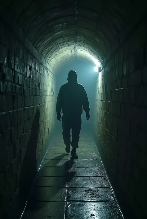  One of the prisoners makes his way through a narrow ventilation tunnel, masonry all around .