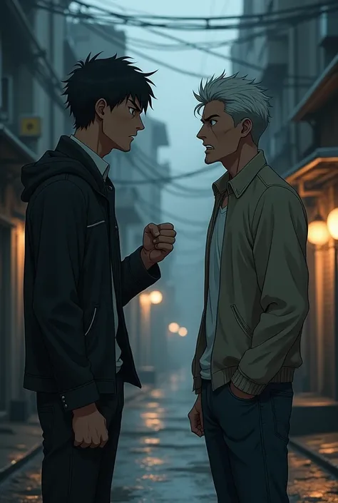 One man angry on another man friend but another man hearing quietly. Anime pic look realistic