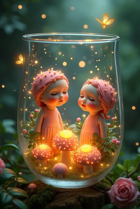 Twins girl Fantasy in a glass, "Ethereal roses, cute slime animals, glowing little mushrooms surrounded by delicate leaves and branches, and fireflies and glowing particle effects, girl", (natural elements), (jungle theme), (leaves), (branches), (fireflies...