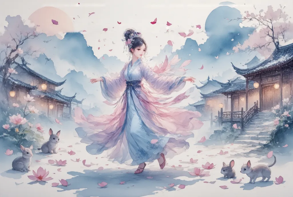 score_9, score_8, score_7, watercolor,  beautiful taoyuan township , the goddess, feather coat,  pink light silk , dancing in ta...