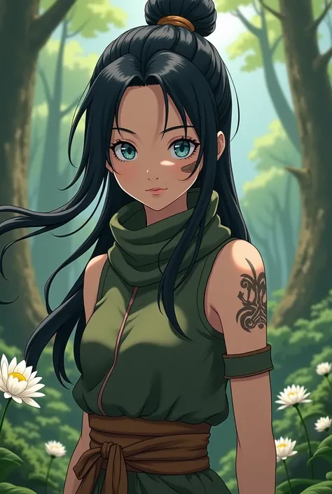 Imagine une jeune femme, maitre de la terre dans le style naruto, avec en arrière plan une forêt. Elle porte un chignon, cheveux noir, la bouche et le nez caché par un foulard. Ses yeux sont bleu et elle a une cicatrice de brûlure autour de loeil droit. El...