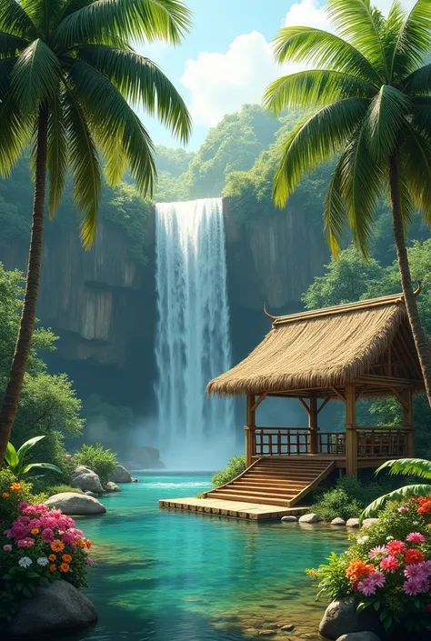 coconut trees are on the edge of the waterfall and there is a bamboo hut with a courtyard full of flowers