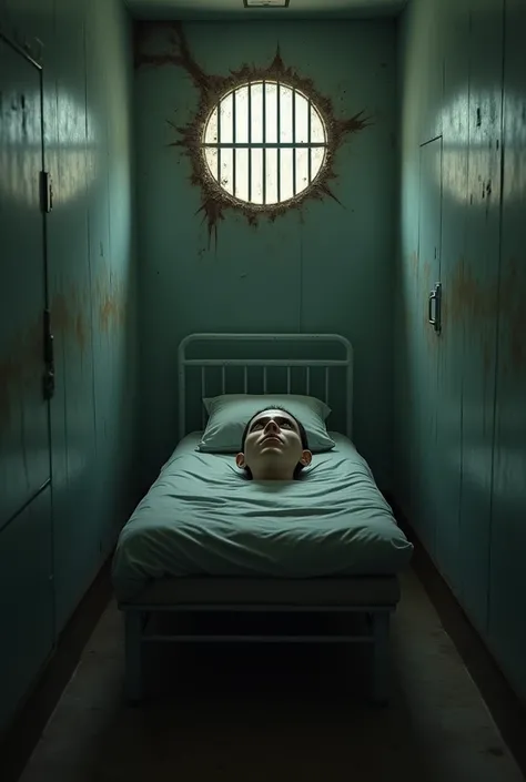 A prison cell with a pierced air vent and a fake head on the bed.