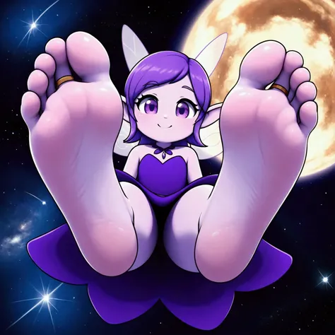 fairy, feet, sole, foot focus, girl, 1girl, very pretty, very cute, fluffy, cute, purple hair, purple eyes, purple clothes, dress, smile, intelligence, space, planets, alone, 4k, High resolution, best quality