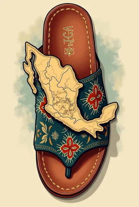 Drawing of the map of the State of Oaxaca stepping on a Mexican huarache
