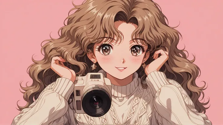  90s anime style,  1990s style , Clear,  1980s Style , (:1.7),  best quality white sweater, 8k, 1 female, only,  Lofi Girl , Lofi Art,  Lofi Feeling ,  in,  Very big eyes , Wearing 1980s clothing, Top shot,  close, smile, Light brown eyes,  Sitting , Spark...