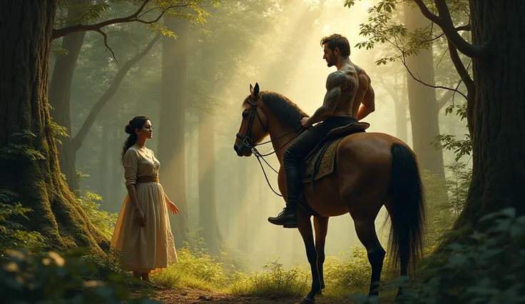 Picture a dense forest, with a muscular, tattooed prince on horseback during a hunting expedition. A radiant, beautiful woman appears in simple but elegant attire, her face glowing with confidence and intelligence."
