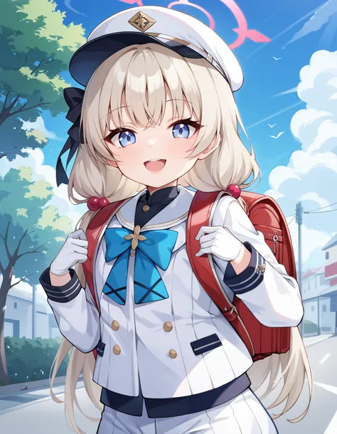 (masterpiece:1.3), (best quality:1.3), (ultra-detailed:1.3), 1girl, looking at viewer, upper body, smile, outdoors, cherino, cherino (blue archive), blue halo, shako cap, white jacket, white coat, uniform, white gloves, white shorts, black pantyhose, white...