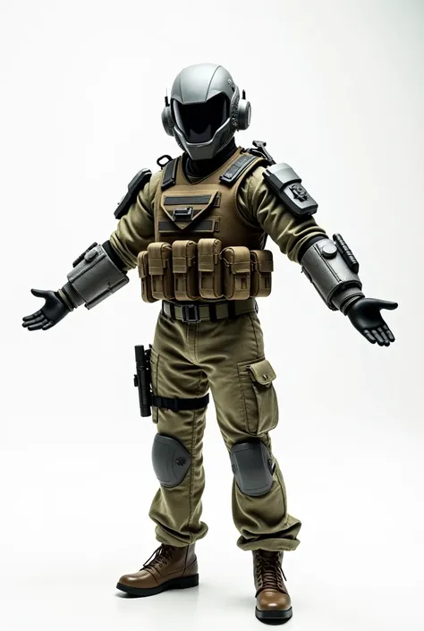 A person in a military-style camouflage outfit stands confidently with outstretched arms. They wear a tactical vest equipped with various gear and gadgets, including dual-mounted arm devices. A helmet completes the ensemble, which features additional strap...