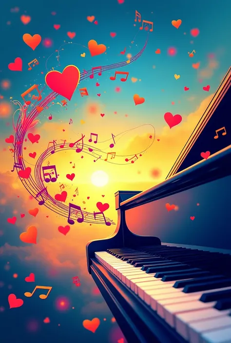 music concert poster with swirl music notes, hearts and piano key in color theme blue and yellow, put big copy space for subject and text for user design