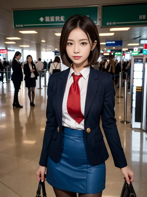 {{  mature mature , White}},  show viewers , hazel eyes,  very detailed,  medium chest ,  brown hair, airport,  flight attendant , uniform, Nice blue blazer, Nice blue tie,   black skirt ,  Mini Skirt, ペンシル Mini Skirt, black pantyhose、 Nice red heels,  hap...