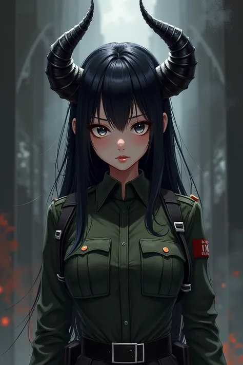  an anime girl, black-eyed and black-haired demon .  With military clothing and long, intimidating horns