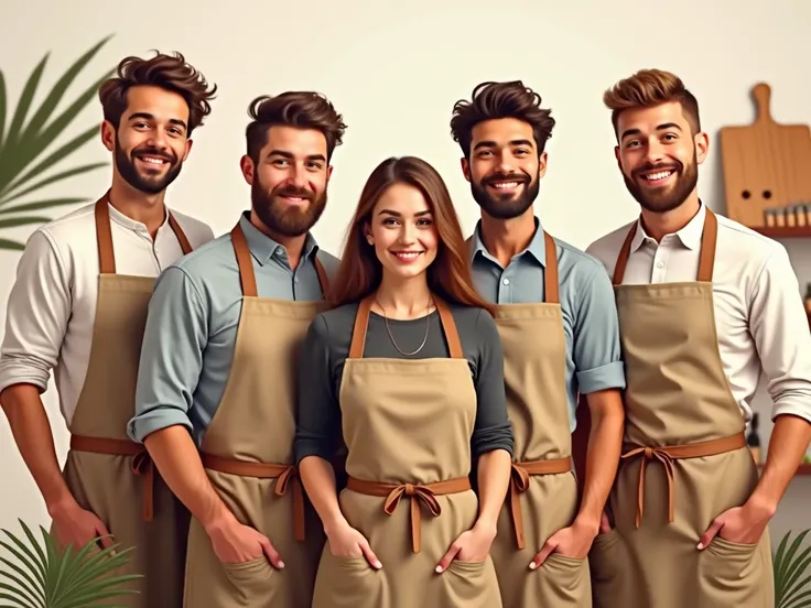 male４People and women１ people wearing aprons and 、Group photo of 、 palettes
