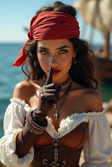 Beautiful young girl dressed as a pirate in front of the camera.

European, (warm brown skin tone).

Intense eye contact, smiling seductively, (seductive pose), posing with her left arm on the hip, the right hand is in front of her lips in a gesture of sil...