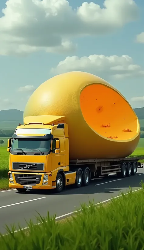 A creative and surreal image of a semi-truck designed to look like a giant mango. The trucks cab and trailer are painted and textured to mimic the outer golden-yellow skin of a mango with realistic gradients and textures. The trailer is open from the top, ...