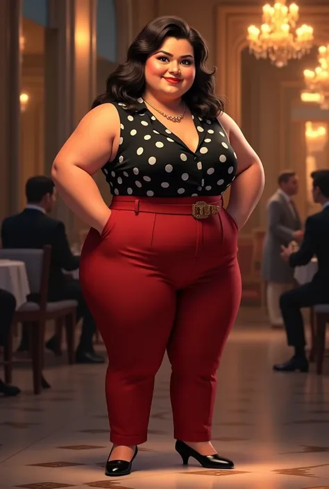 Chubby woman from Trigueña wearing a black formal sleeveless shirt outfit with white polka dots and formal red pants
Leather-colored shoes 