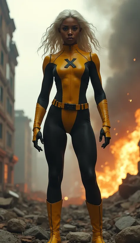 HOT ((Full body photo, standing, feet on the ground)) female Storm character fromo the movie X-men, full body, dark skin, platinum hair, "X" symbol, yellow and black hero suit epic. Destroy City background