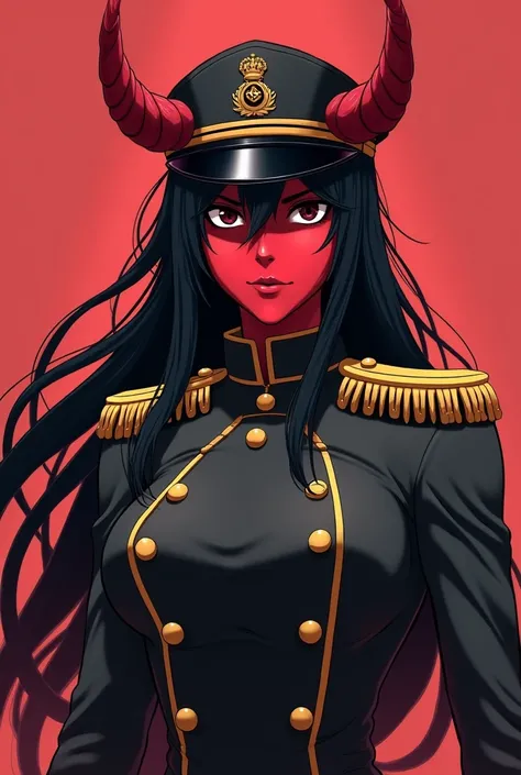  an anime girl, red-skinned demon with black eyes and black hair. Wearing military clothing that has a war captains hat and long, intimidating red horns.